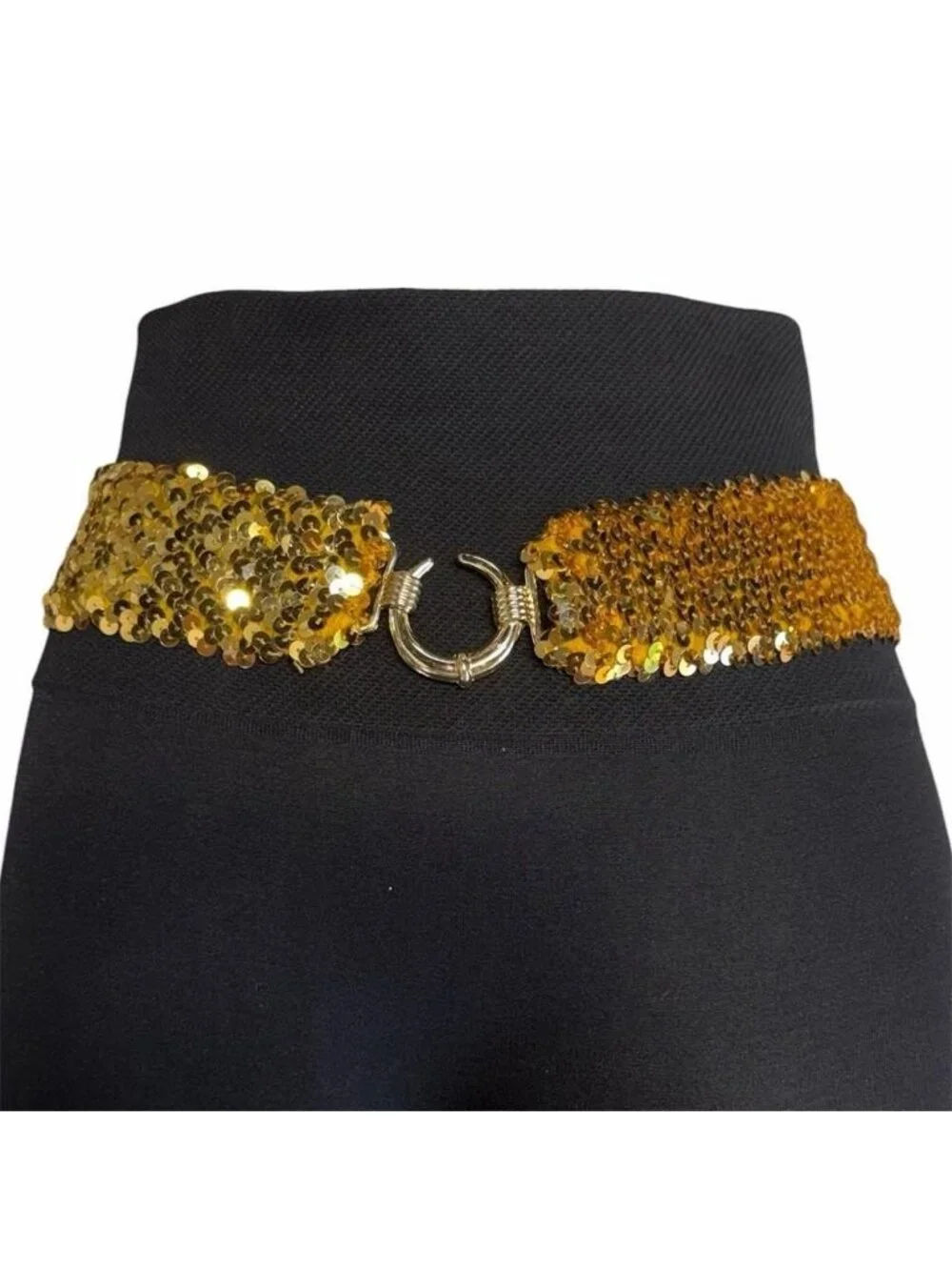 Vintage 80's Gold Sequin Statement Belt Women Medium Elastic Disco Glam Festival